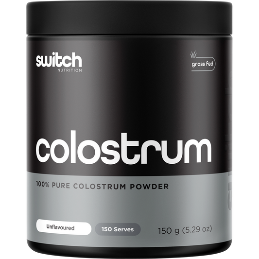 150g tub of Switch Nutrition Colostrum 100% Pure Colostrum Powder on a white background.