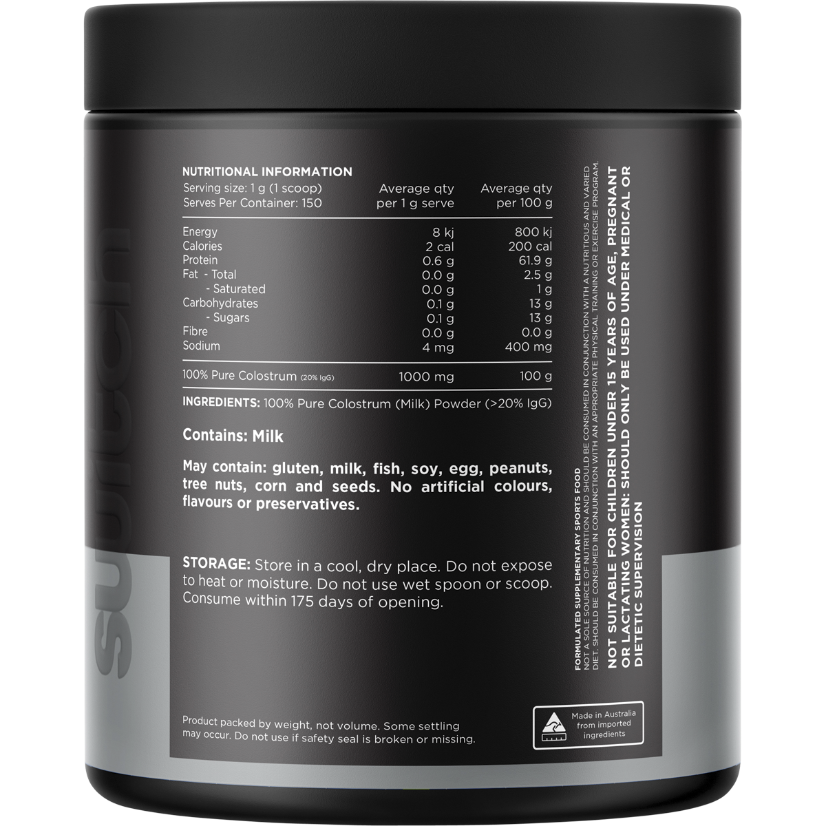 Back of a 150g tub of Switch Nutrition Colostrum powder showing nutritional facts and ingredients.
