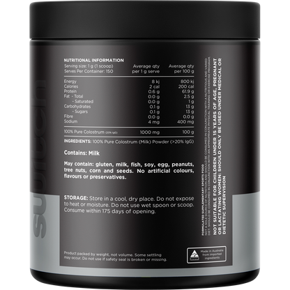 Back of a 150g tub of Switch Nutrition Colostrum powder showing nutritional facts and ingredients.