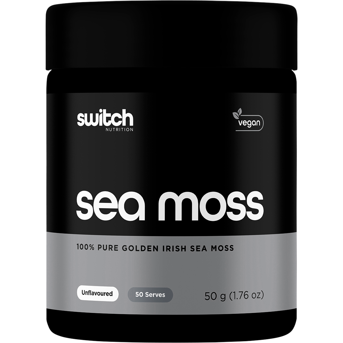 50g tub of Switch Nutrition 100% Pure Golden Irish Sea Moss powder on a white background.