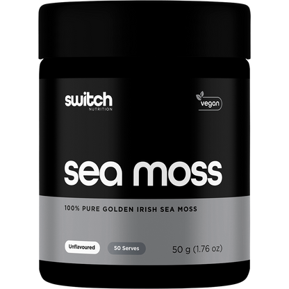 50g tub of Switch Nutrition 100% Pure Golden Irish Sea Moss powder on a white background.