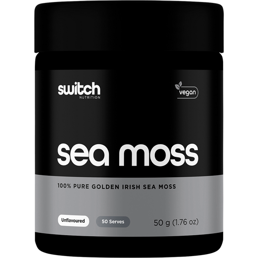 50g tub of Switch Nutrition 100% Pure Golden Irish Sea Moss powder on a white background.