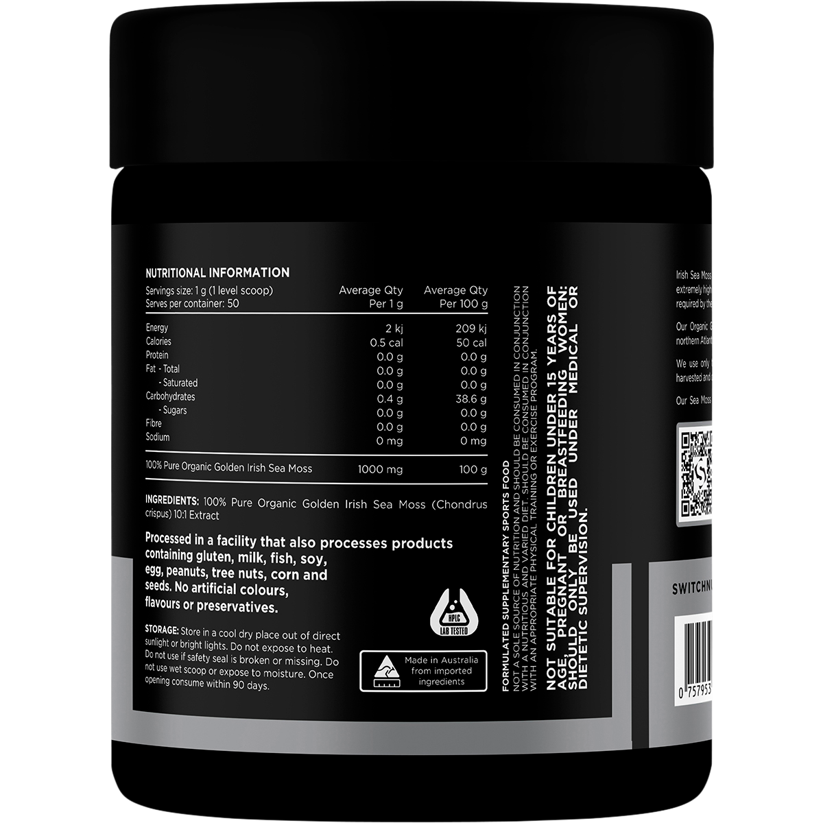 Back of Switch Nutrition Sea Moss 50g tub with nutrition facts, ingredients, and directions for use.