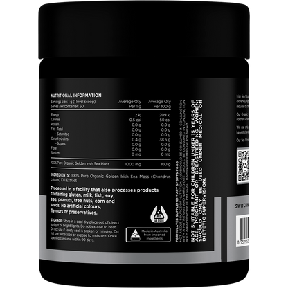 Back of Switch Nutrition Sea Moss 50g tub with nutrition facts, ingredients, and directions for use.