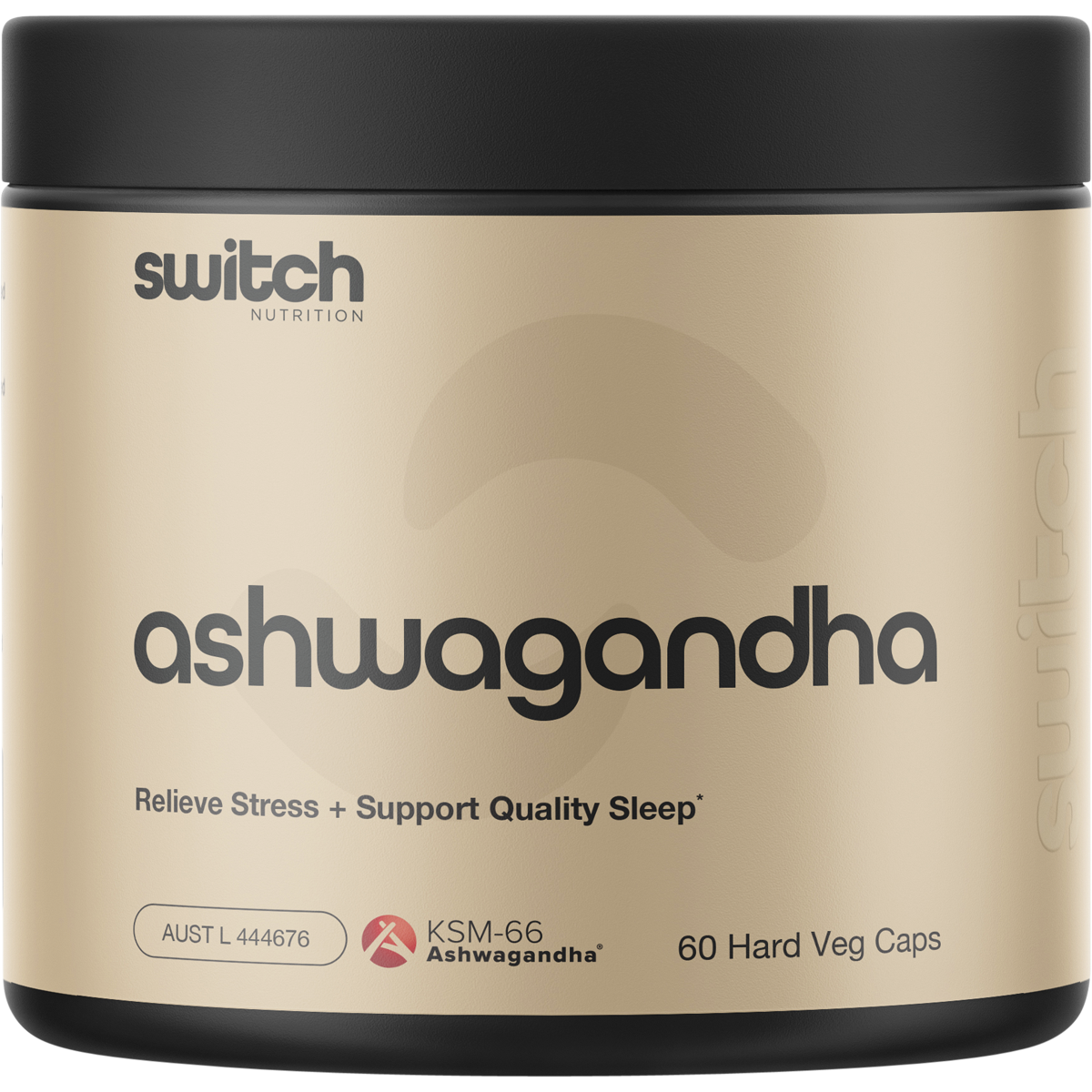 Bottle of Switch Nutrition Ashwagandha KSM-66 with 60 vegan capsules for stress and recovery.