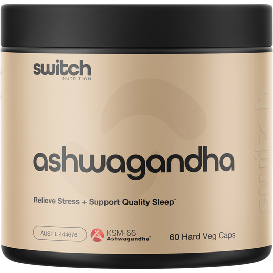 Bottle of Switch Nutrition Ashwagandha KSM-66 with 60 vegan capsules for stress and recovery.