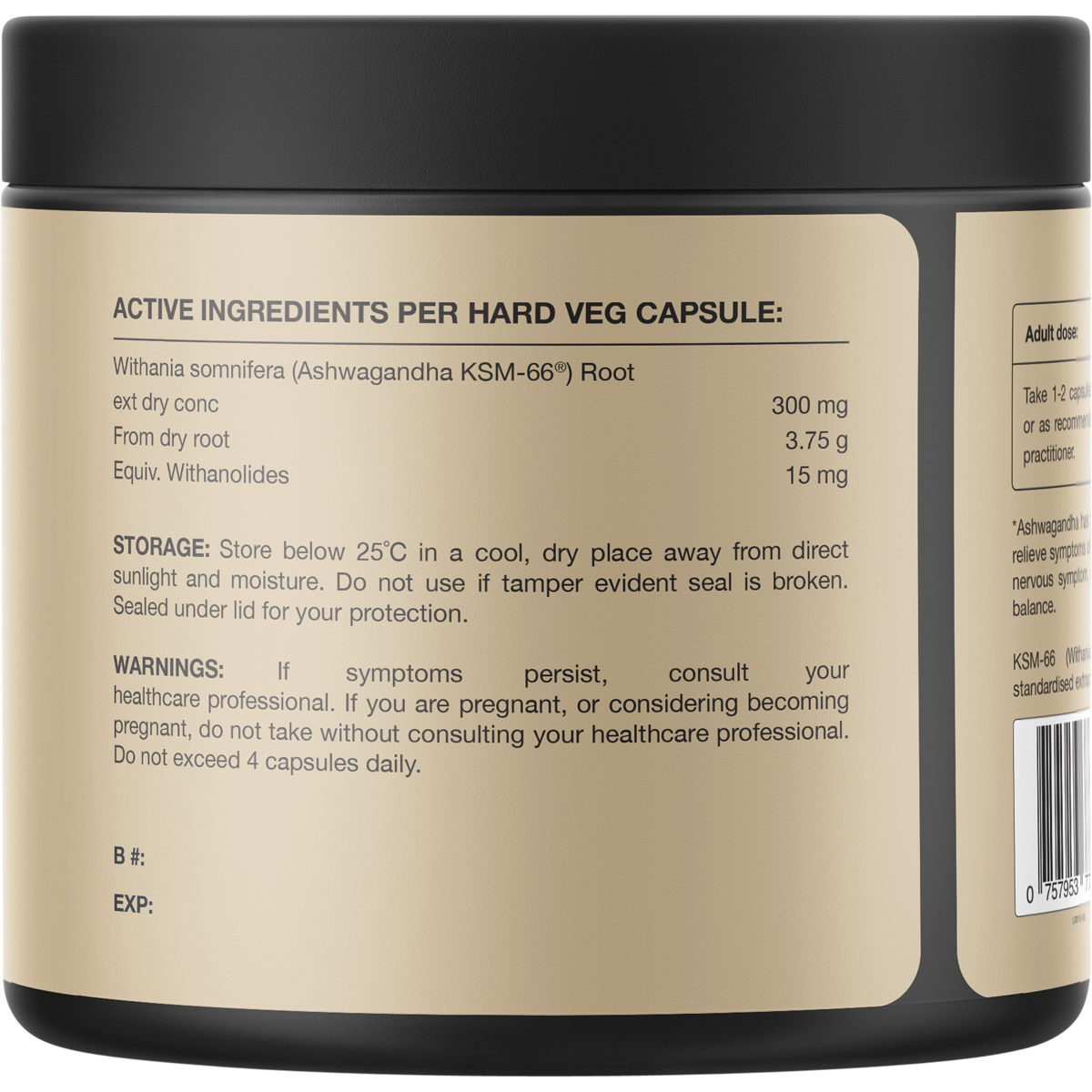Back of Switch Nutrition Ashwagandha 60 capsules bottle showing ingredients, directions, and storage info.