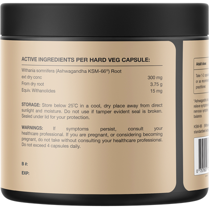 Back of Switch Nutrition Ashwagandha 60 capsules bottle showing ingredients, directions, and storage info.
