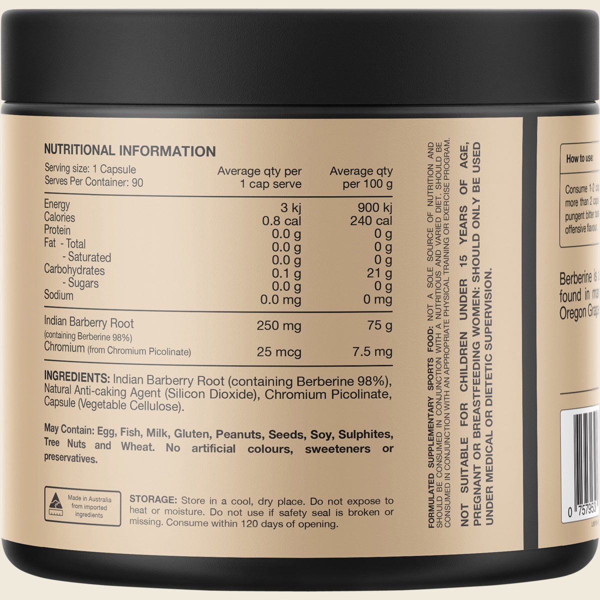 Back of Switch Nutrition Berberine+ tub with ingredients, nutrition information, and directions for use.
