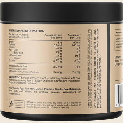 Back of Switch Nutrition Berberine+ tub with ingredients, nutrition information, and directions for use.