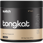 60 capsules of Switch Nutrition 100% Pure Tongkat Ali in a black bottle with gold and white text.