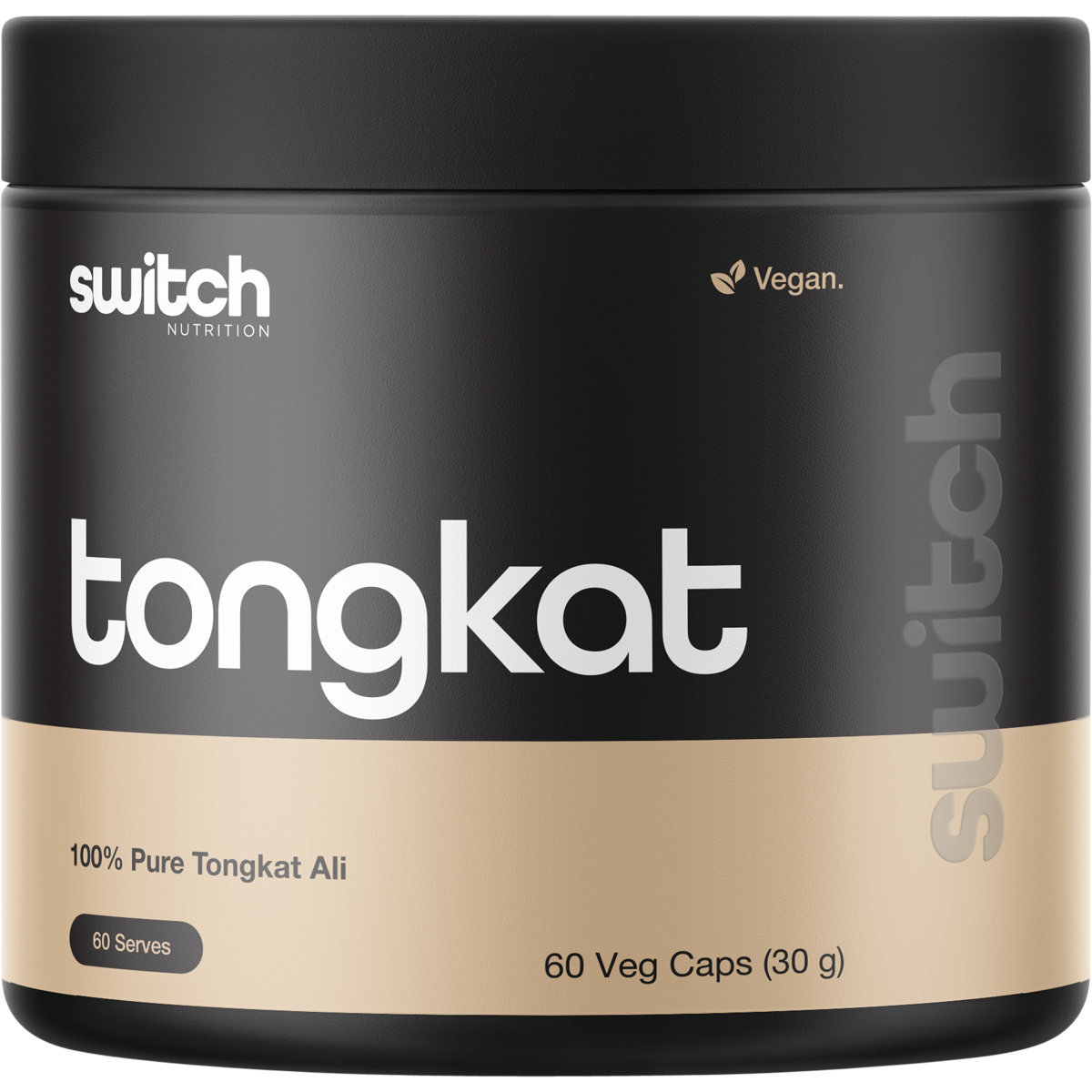60 capsules of Switch Nutrition 100% Pure Tongkat Ali in a black bottle with gold and white text.