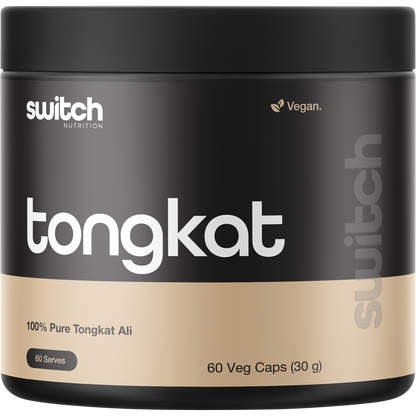 60 capsules of Switch Nutrition 100% Pure Tongkat Ali in a black bottle with gold and white text.