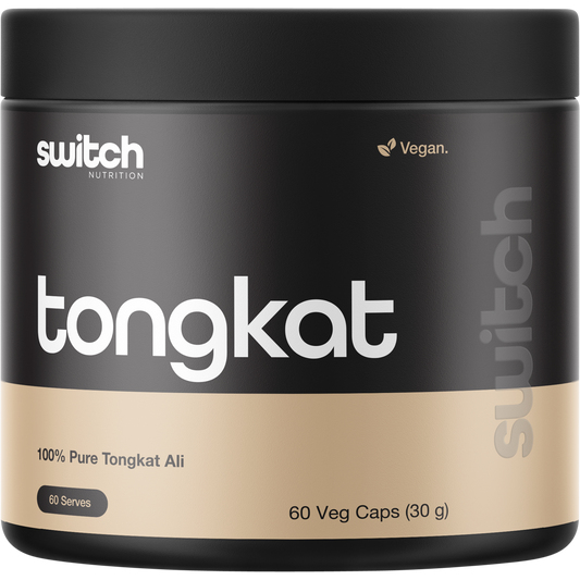 60 capsules of Switch Nutrition 100% Pure Tongkat Ali in a black bottle with gold and white text.