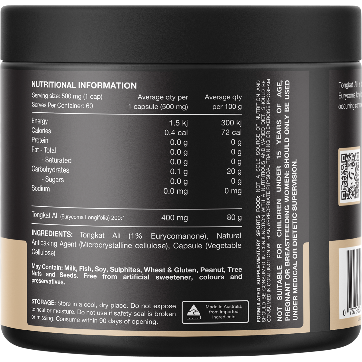 Back of Switch Nutrition Tongkat Ali 60 Capsules bottle with nutrition facts, ingredients, and directions.