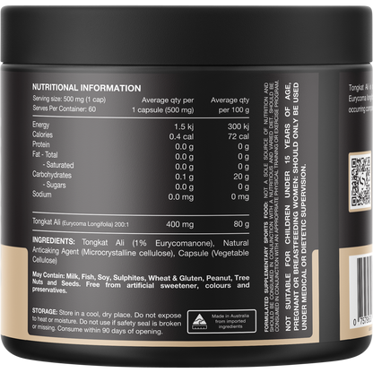 Back of Switch Nutrition Tongkat Ali 60 Capsules bottle with nutrition facts, ingredients, and directions.