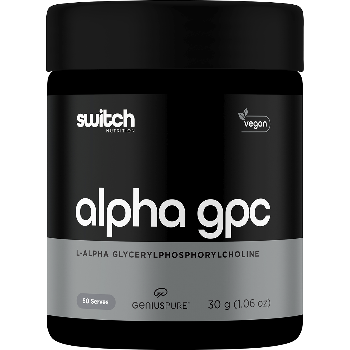 Switch Nutrition Alpha GPC 30g white tub with purple and black text on a clean label.