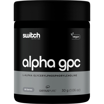 Switch Nutrition Alpha GPC 30g white tub with purple and black text on a clean label.