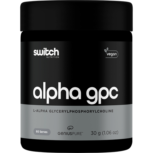 Switch Nutrition Alpha GPC 30g white tub with purple and black text on a clean label.