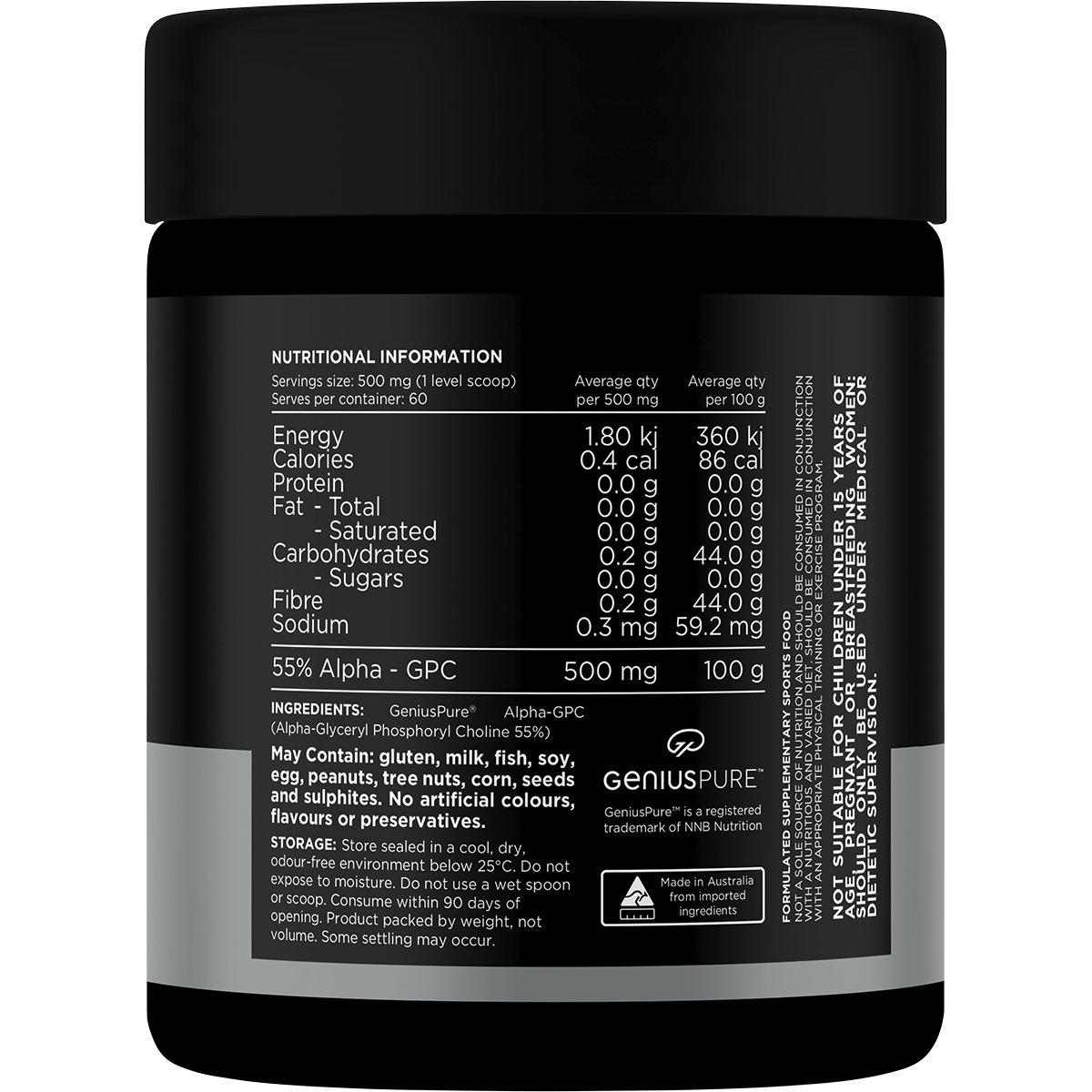 Back of Switch Nutrition Alpha GPC 30g tub with nutrition facts, ingredients, and usage instructions.