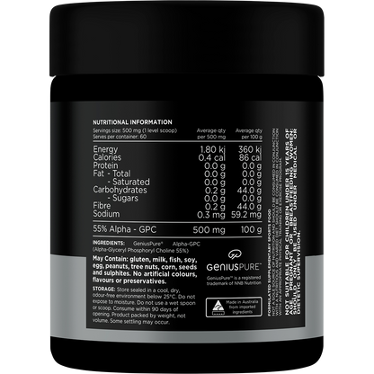 Back of Switch Nutrition Alpha GPC 30g tub with nutrition facts, ingredients, and usage instructions.