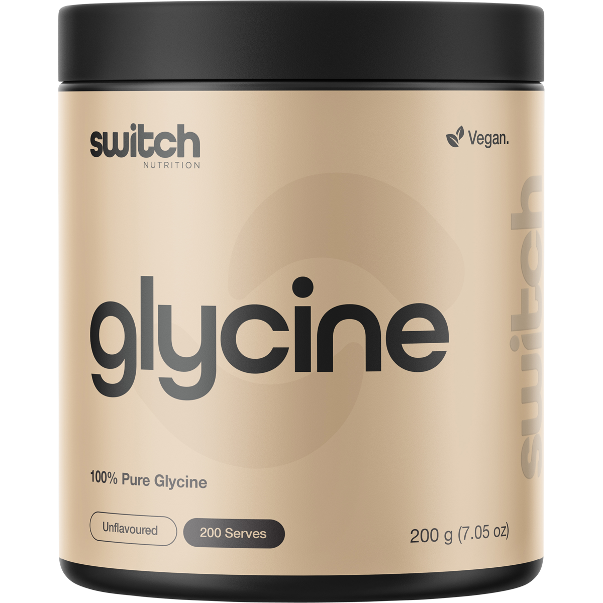 White 200g tub of Switch Nutrition Glycine 100% Pure Glycine with blue and grey text on a clean label.