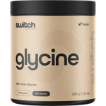 White 200g tub of Switch Nutrition Glycine 100% Pure Glycine with blue and grey text on a clean label.