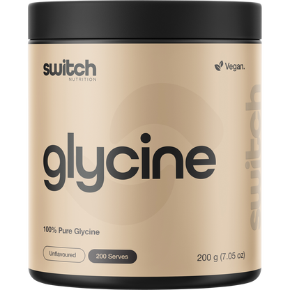 White 200g tub of Switch Nutrition Glycine 100% Pure Glycine with blue and grey text on a clean label.