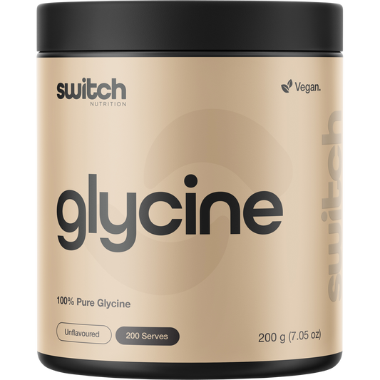 White 200g tub of Switch Nutrition Glycine 100% Pure Glycine with blue and grey text on a clean label.