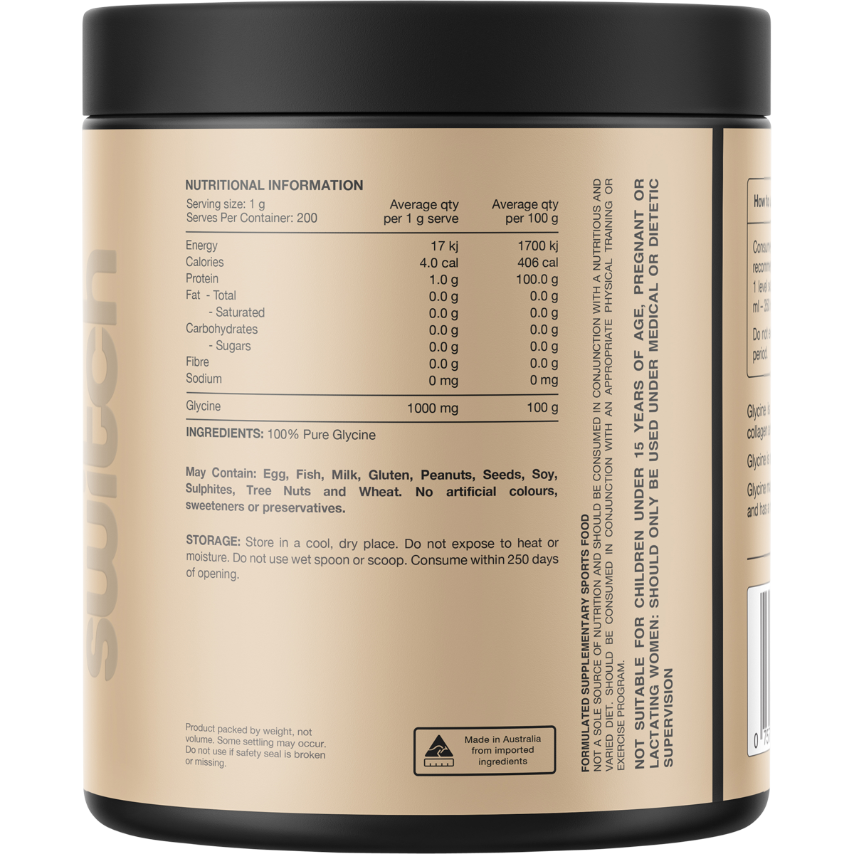 Back view of Switch Nutrition Glycine 200g tub showing nutritional panel, ingredients, and usage directions.