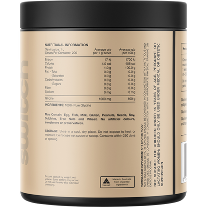Back view of Switch Nutrition Glycine 200g tub showing nutritional panel, ingredients, and usage directions.
