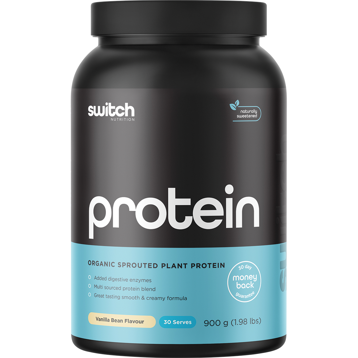 900g tub of Switch Nutrition Protein Organic Sprouted Plant in Vanilla Bean flavor on a white background.