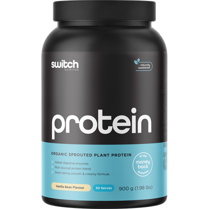 900g tub of Switch Nutrition Protein Organic Sprouted Plant in Vanilla Bean flavor on a white background.