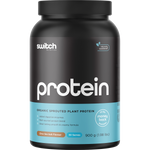 900g tub of Switch Nutrition Chocolate Sea Salt organic sprouted plant protein with a black and gold label.