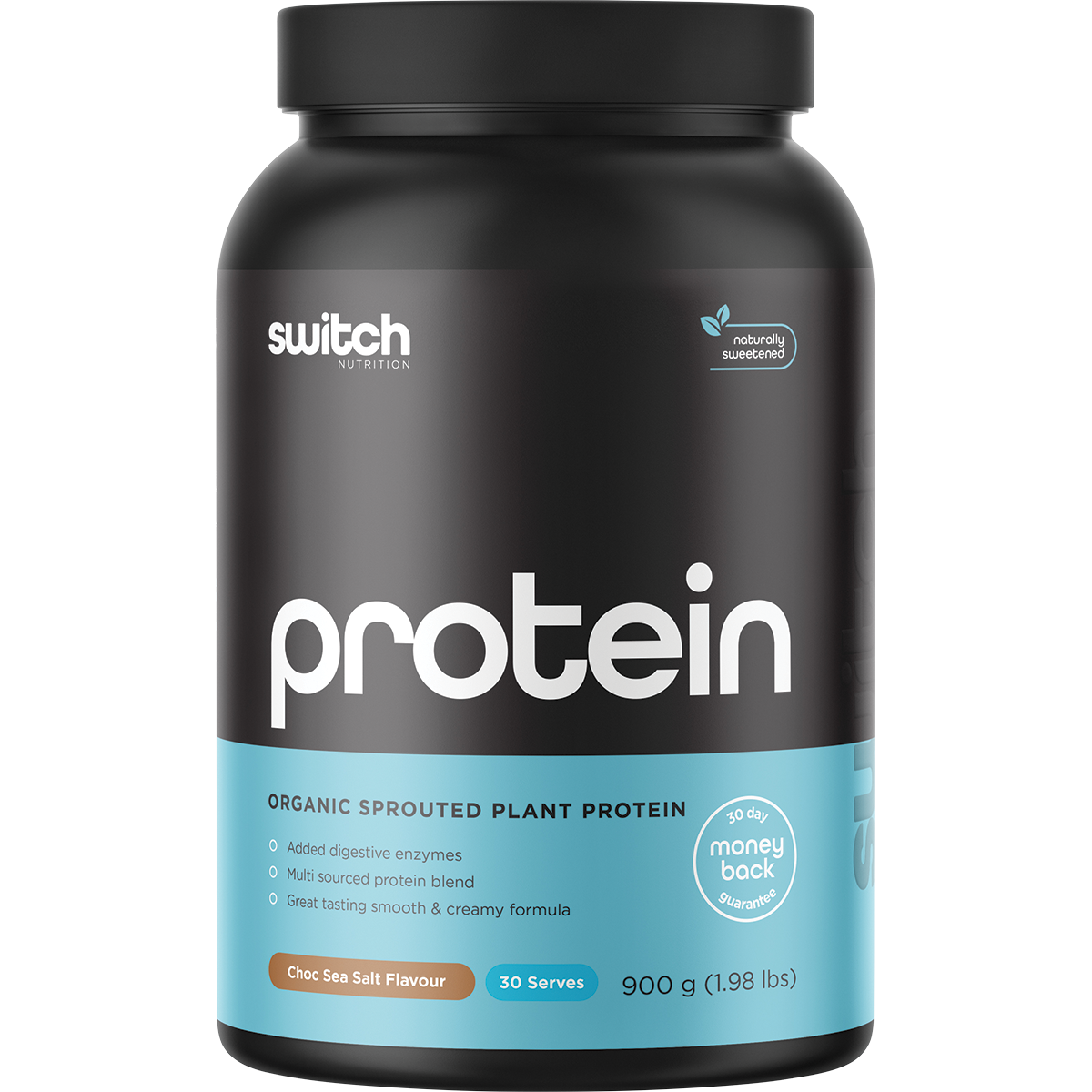 900g tub of Switch Nutrition Chocolate Sea Salt organic sprouted plant protein with a black and gold label.