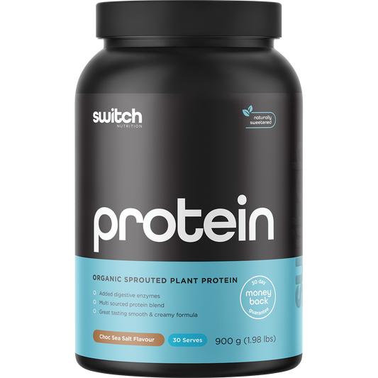 900g tub of Switch Nutrition Chocolate Sea Salt organic sprouted plant protein with a black and gold label.