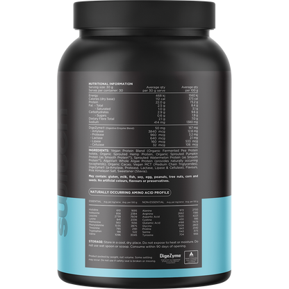 Back of 900g Switch Nutrition Chocolate Sea Salt protein tub showing ingredients and nutritional information.