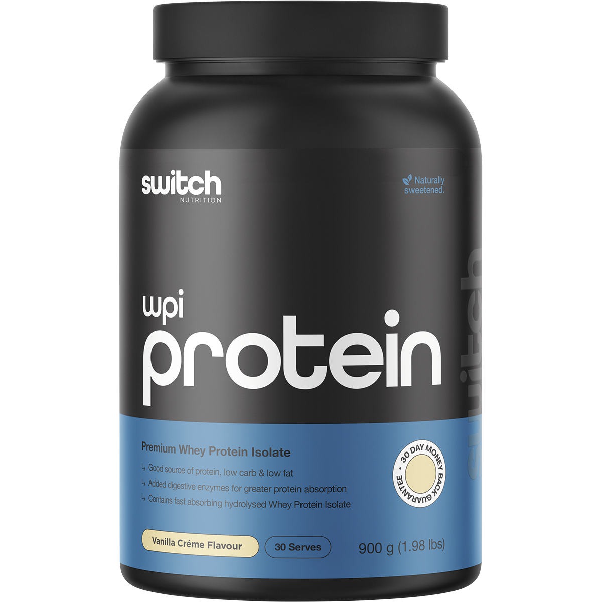 Switch Nutrition WPI Vanilla Creme 900g tub of premium whey protein isolate with rapid absorption and digestive enzymes.