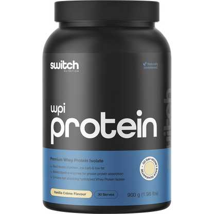 Switch Nutrition WPI Vanilla Creme 900g tub of premium whey protein isolate with rapid absorption and digestive enzymes.