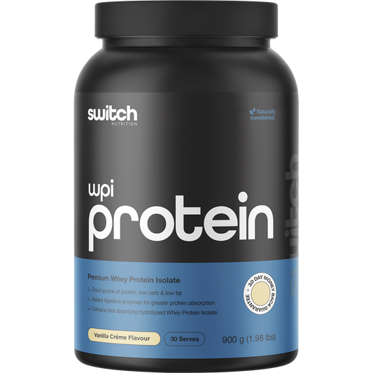 Switch Nutrition WPI Vanilla Creme 900g tub of premium whey protein isolate with rapid absorption and digestive enzymes.