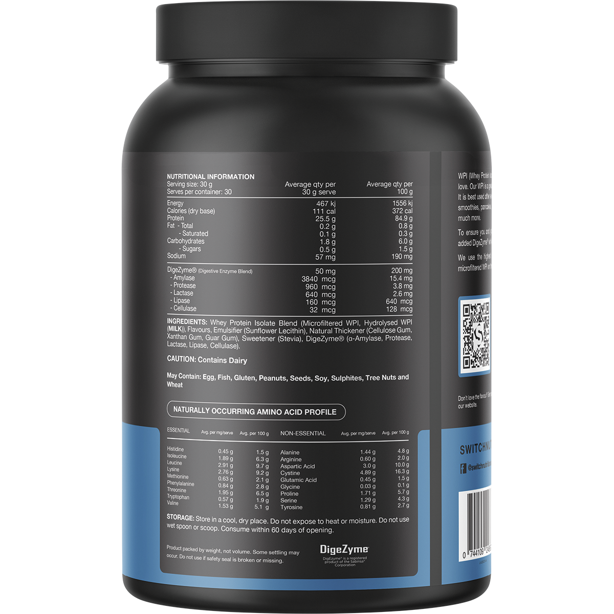Back of Switch Nutrition WPI Vanilla Creme 900g tub with nutrition facts, ingredients, and directions.