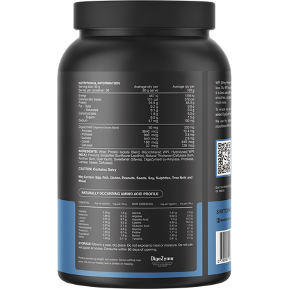 Back of Switch Nutrition WPI Vanilla Creme 900g tub with nutrition facts, ingredients, and directions.
