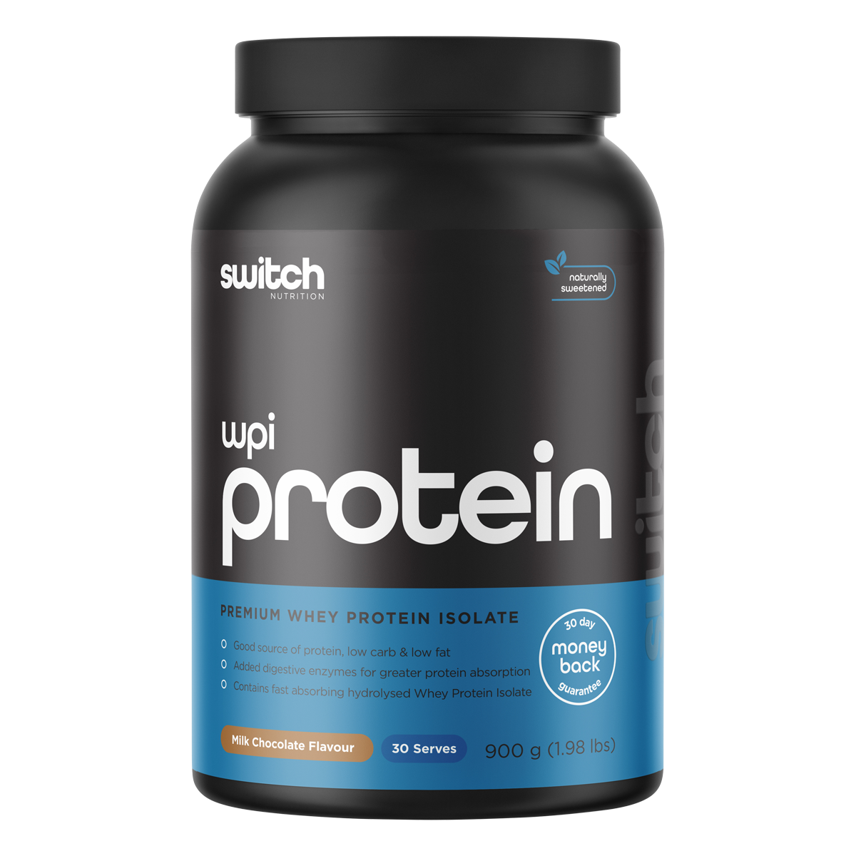 900g tub of Switch Nutrition WPI Premium Whey Protein Isolate in Milk Chocolate flavor on a white background.