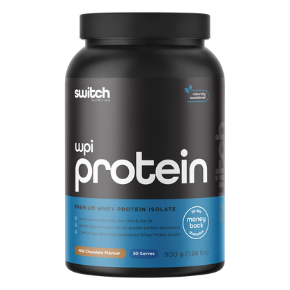 900g tub of Switch Nutrition WPI Premium Whey Protein Isolate in Milk Chocolate flavor on a white background.