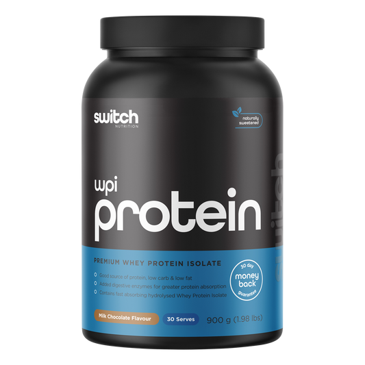 900g tub of Switch Nutrition WPI Premium Whey Protein Isolate in Milk Chocolate flavor on a white background.