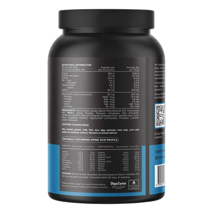 Back of 900g Switch Nutrition Milk Chocolate WPI tub showing nutritional information and ingredients.