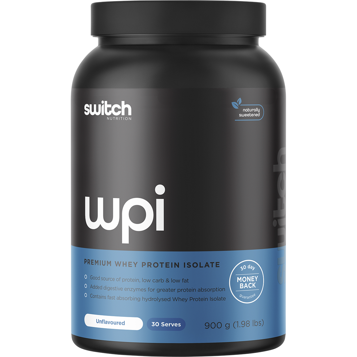 900g tub of Switch Nutrition WPI Premium Whey Protein Isolate Unflavoured on a white background.