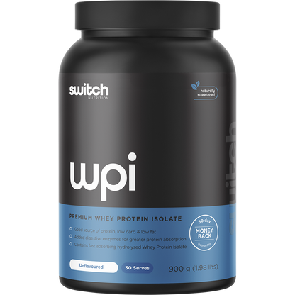 900g tub of Switch Nutrition WPI Premium Whey Protein Isolate Unflavoured on a white background.