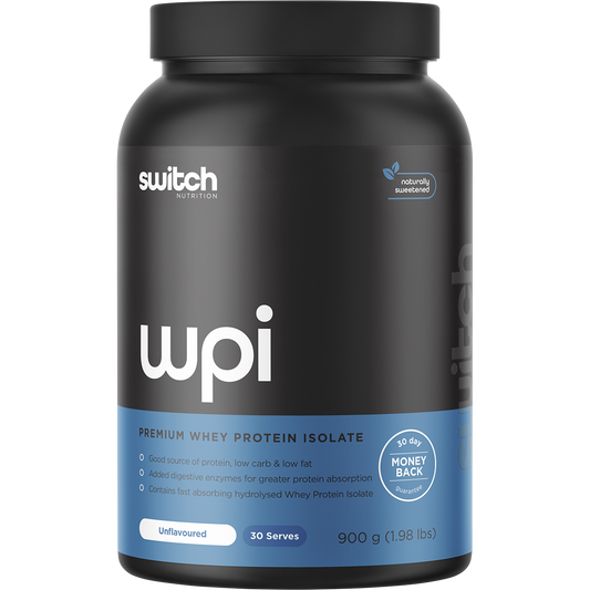 900g tub of Switch Nutrition WPI Premium Whey Protein Isolate Unflavoured on a white background.