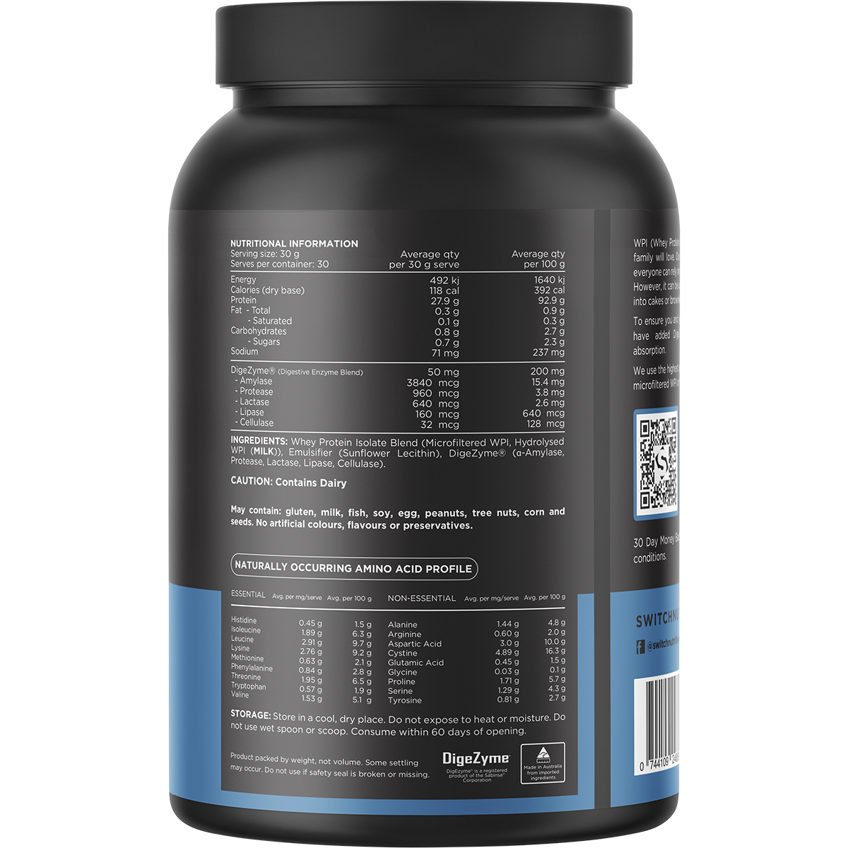 Back of 900g Switch Nutrition WPI Unflavoured tub showing nutritional facts, ingredients, and directions.